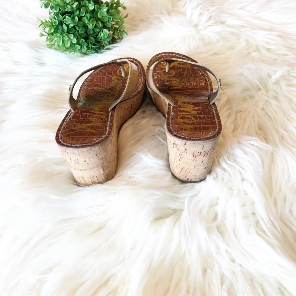 Sam Edelman Beige and Brown Cork Wedge Flip Flops - Picture 3 of 6
